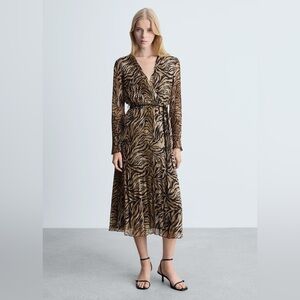 Mango brown leopard print dress with bow NWT